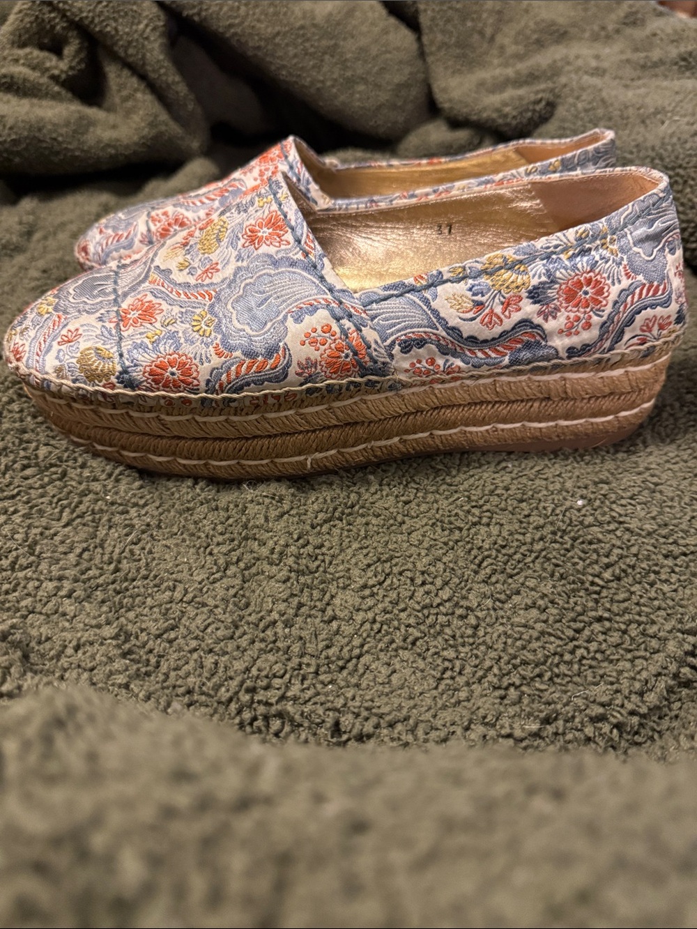 Prada Floral Embroidered Espadrille Platform Slip-On - Blue & Coral